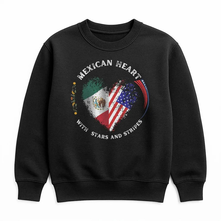 Mexican American Heart Sweatshirt | Dual Flag Heritage Graphic | Premium Cotton Blend Crewneck | Cultural Heritage Gift for Mexican-US Pride