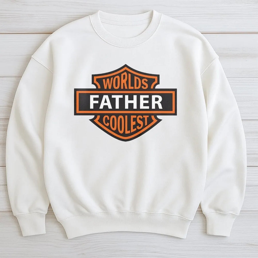 Worlds Coolest Father Sweatshirt | Biker Shield Graphic Design | Premium Cotton Blend | Funny Dad Gift for Motorcycle Lovers