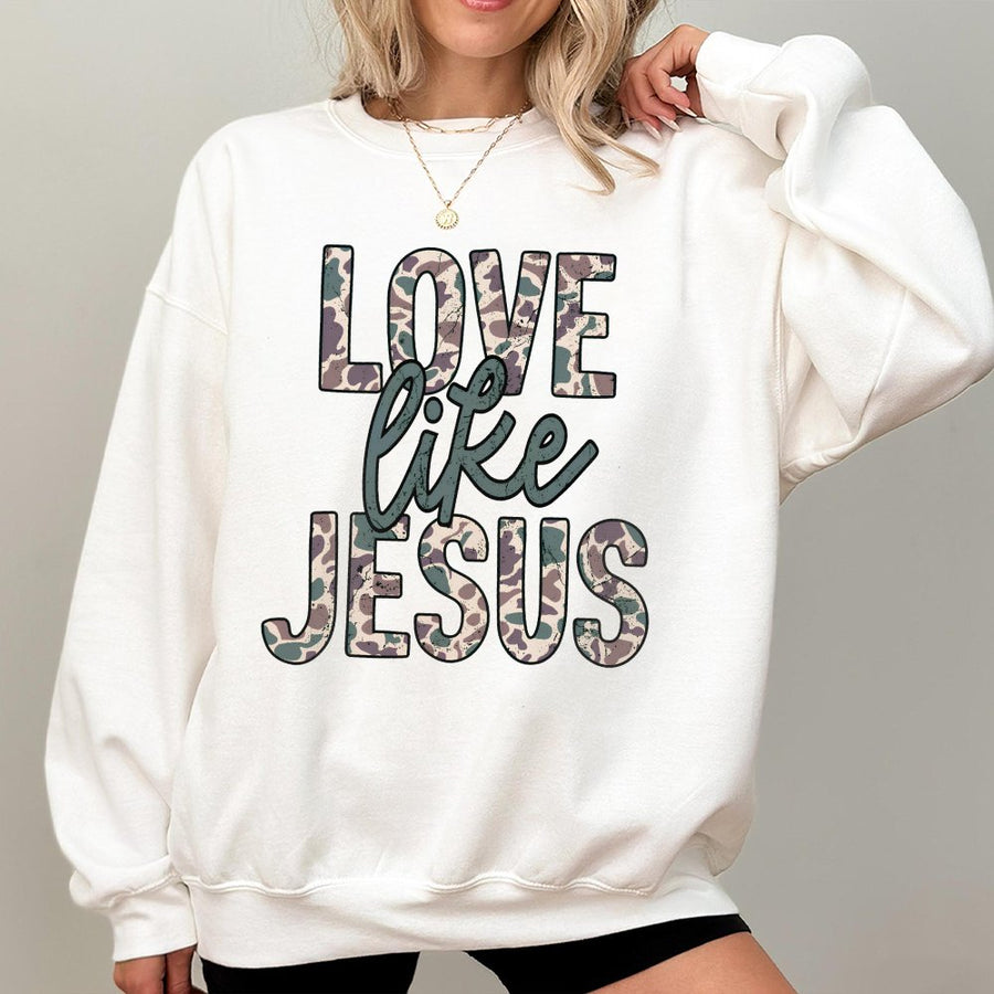 Love Like Jesus Sweatshirt | Trendy Camo Print Faith Graphic | Premium Cotton Blend | Religious Christian Gift For Women And Men