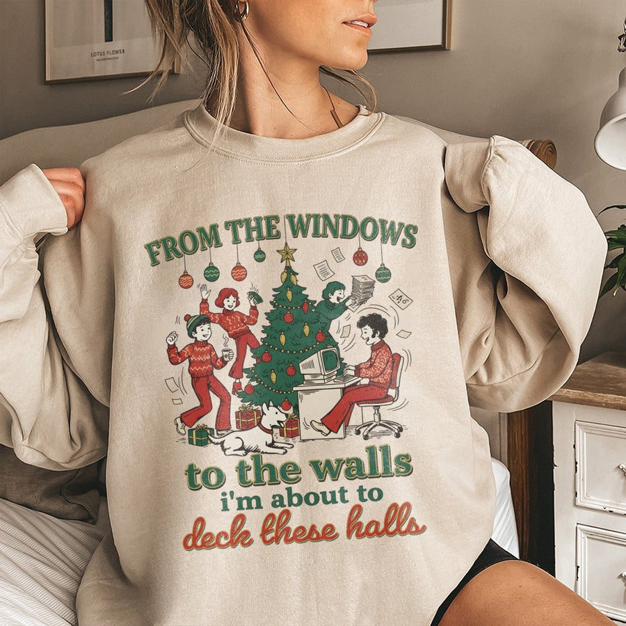 Funny Christmas Sweatshirt | Deck The Halls Retro Graphic | Premium Cotton Blend Crewneck | Unisex Holiday Gift For Office Workers