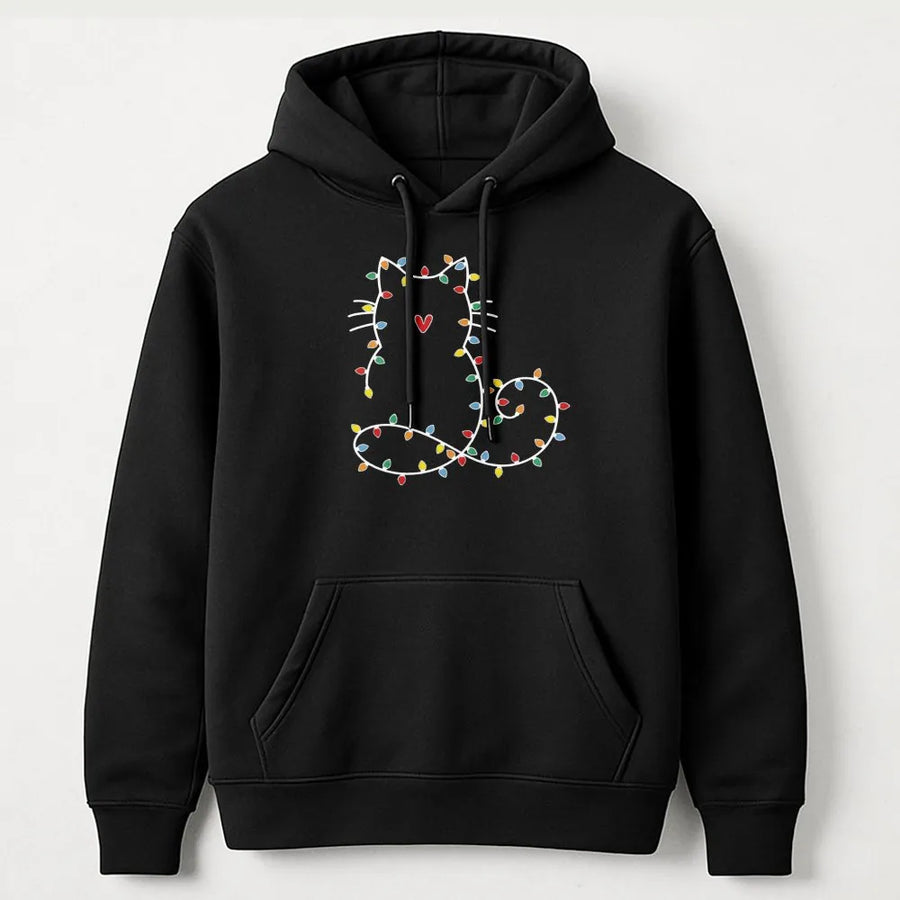 Cat Christmas Hoodie | Festive Holiday Fairy Lights Kitty Graphic | Soft Cotton-Blend Premium Fleece | Cute Gift for Cat Lovers
