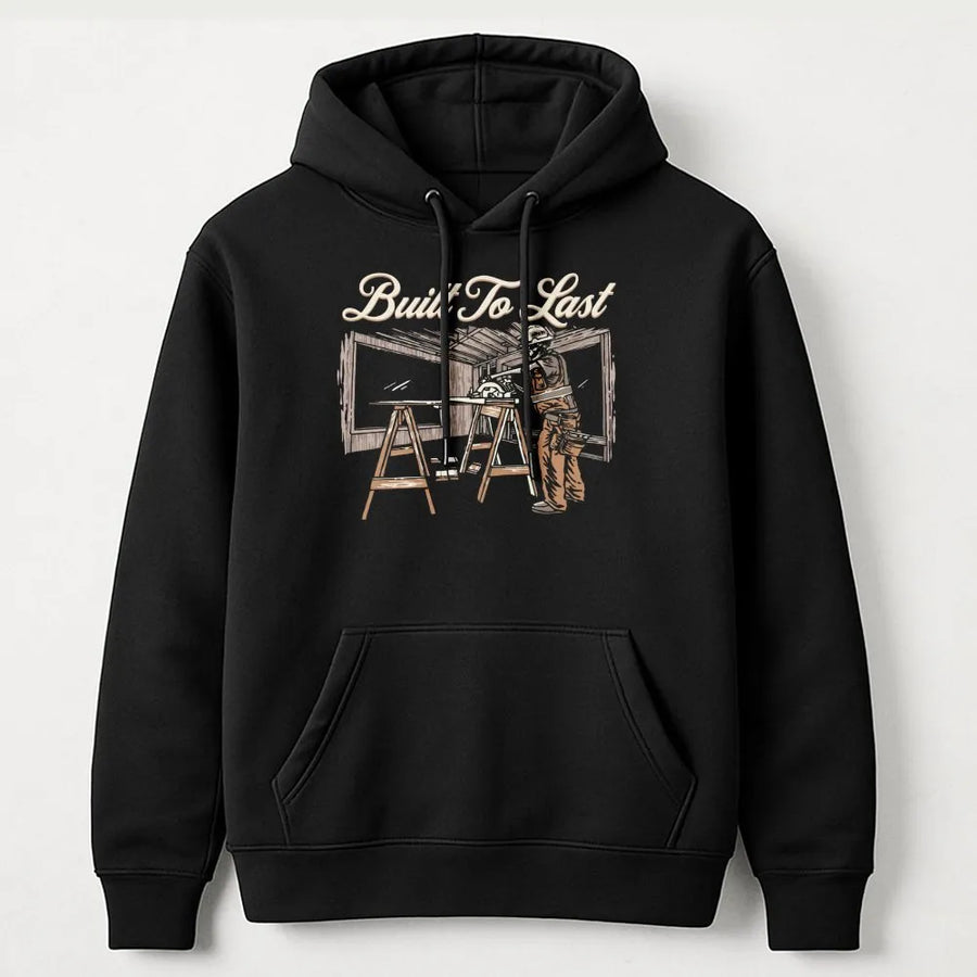 Carpenter Hoodie | Built To Last Skeleton Circular Saw Graphic | Premium Cotton Blend | Gift For Construction Workers & Tradesmen