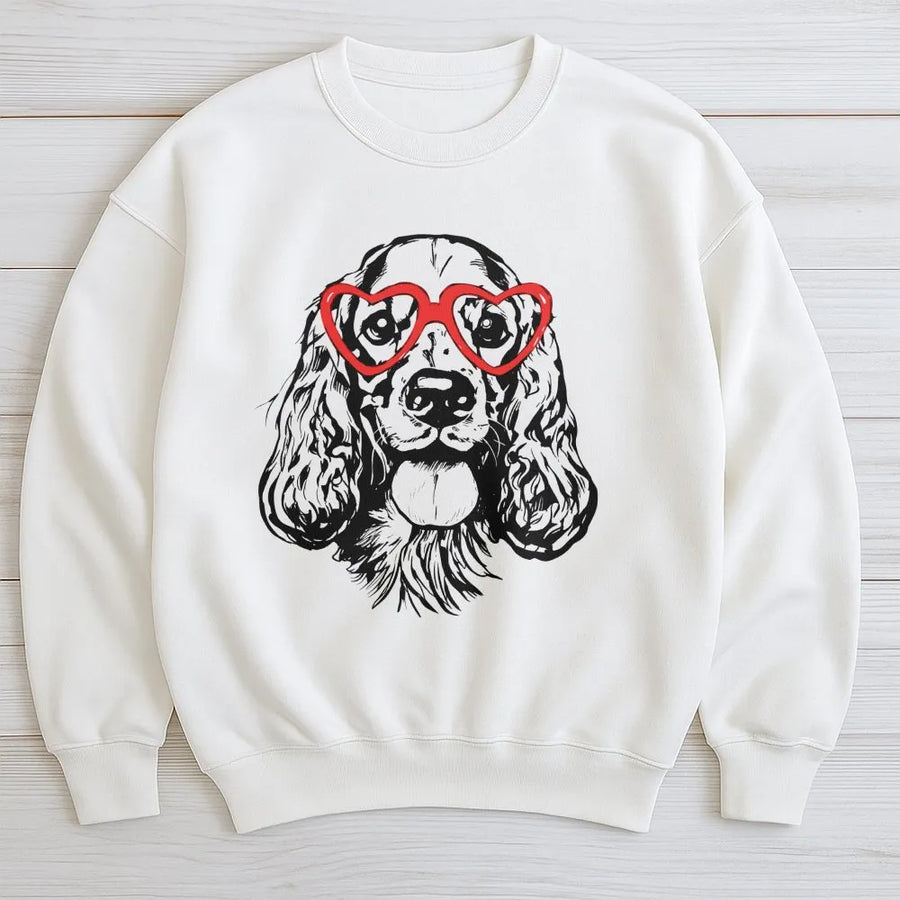 Cocker Spaniel Sweatshirt | Red Heart Glasses Graphic | Premium Cotton Blend | Valentine's Day Gift for Dog Mom and Dog Lover