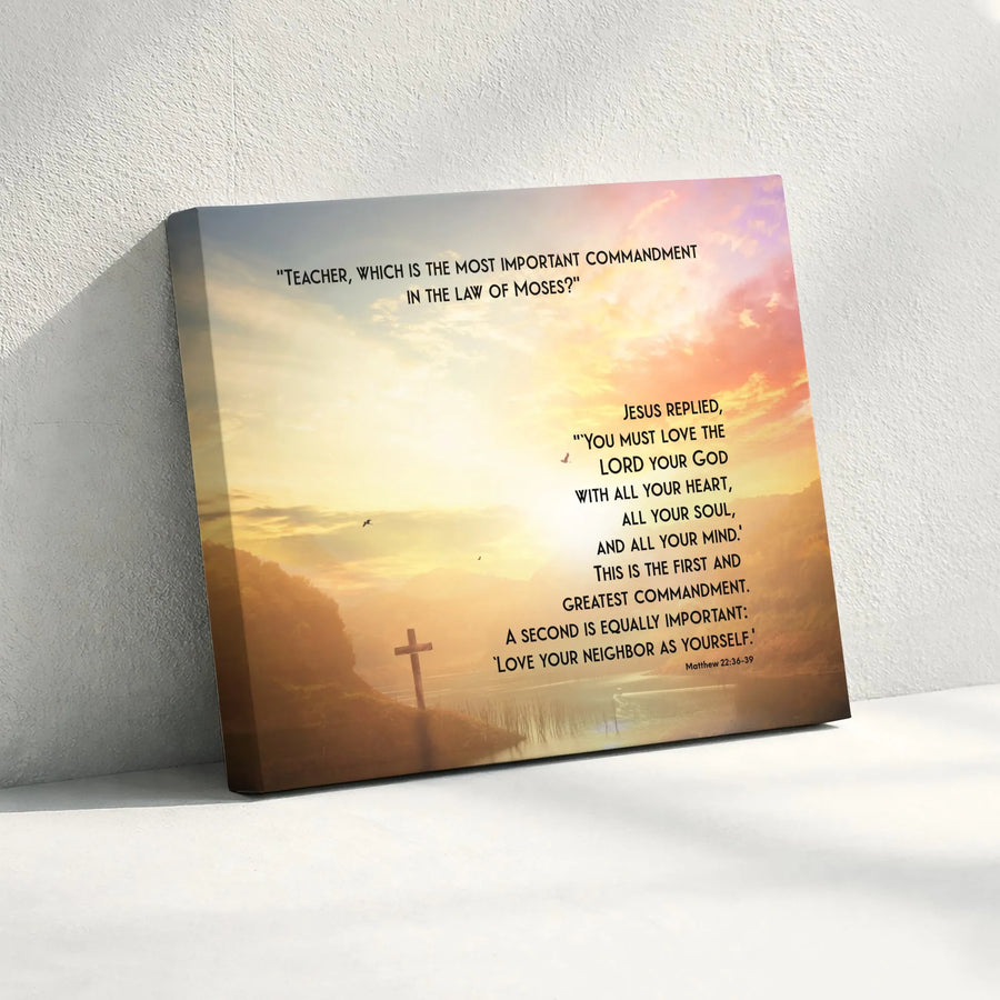 Matthew 22:36-39 Bible Verse Wall Art | Christian Cross at Sunset Design | Premium Gallery-Wrapped Canvas | Meaningful Religious Gift for Home Decor