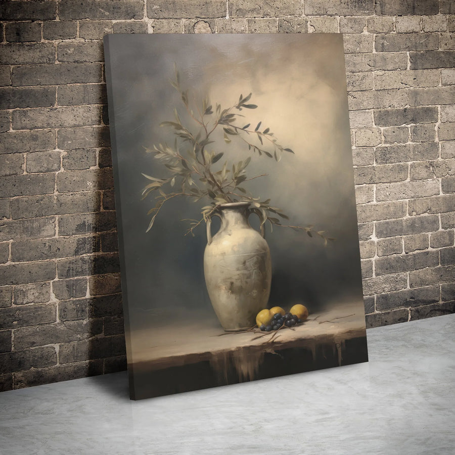 Still Life Canvas Art | Olive Branch and Lemon Vase Painting | Premium Gallery Wrap Wall Decor | Farmhouse Kitchen Living Room Gift