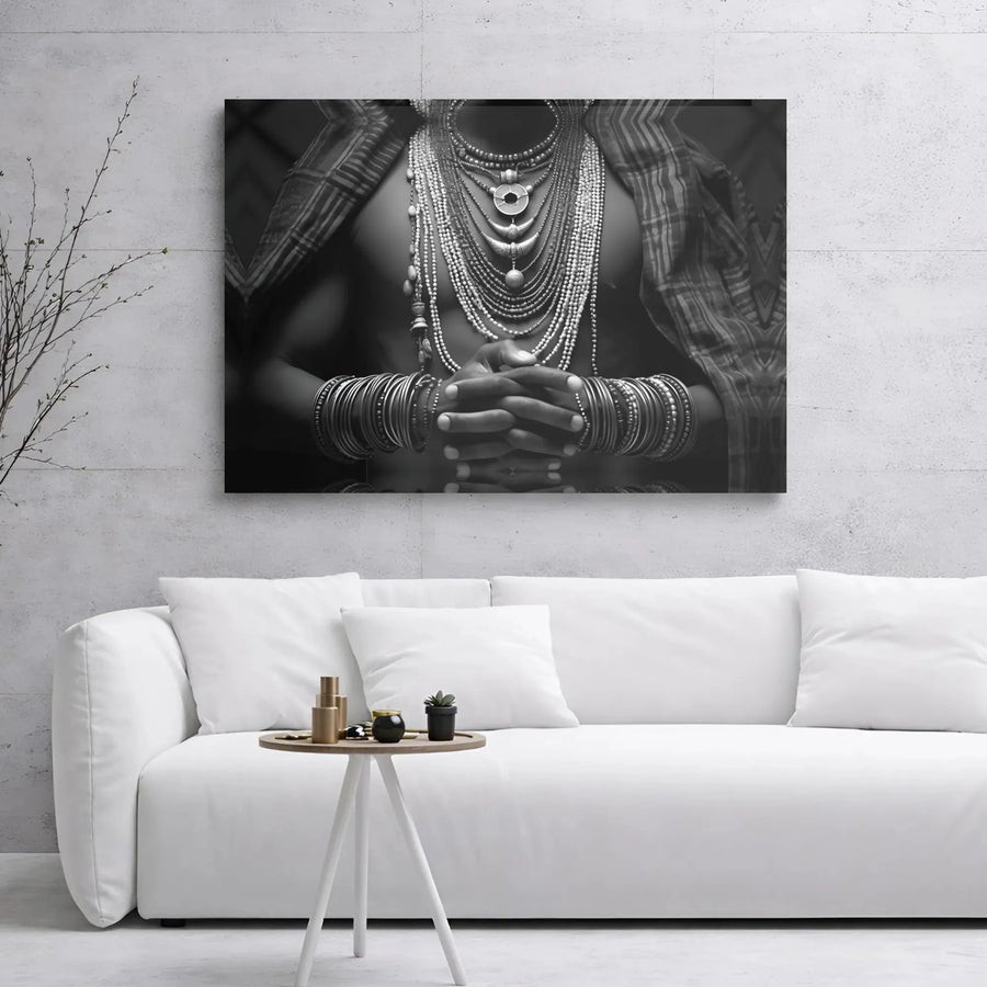 African Tribal Portrait Canvas | Monochrome Cultural Jewelry Art | 1.25" Gallery Wrap | Premium Bohemian Home Decor Wall Art