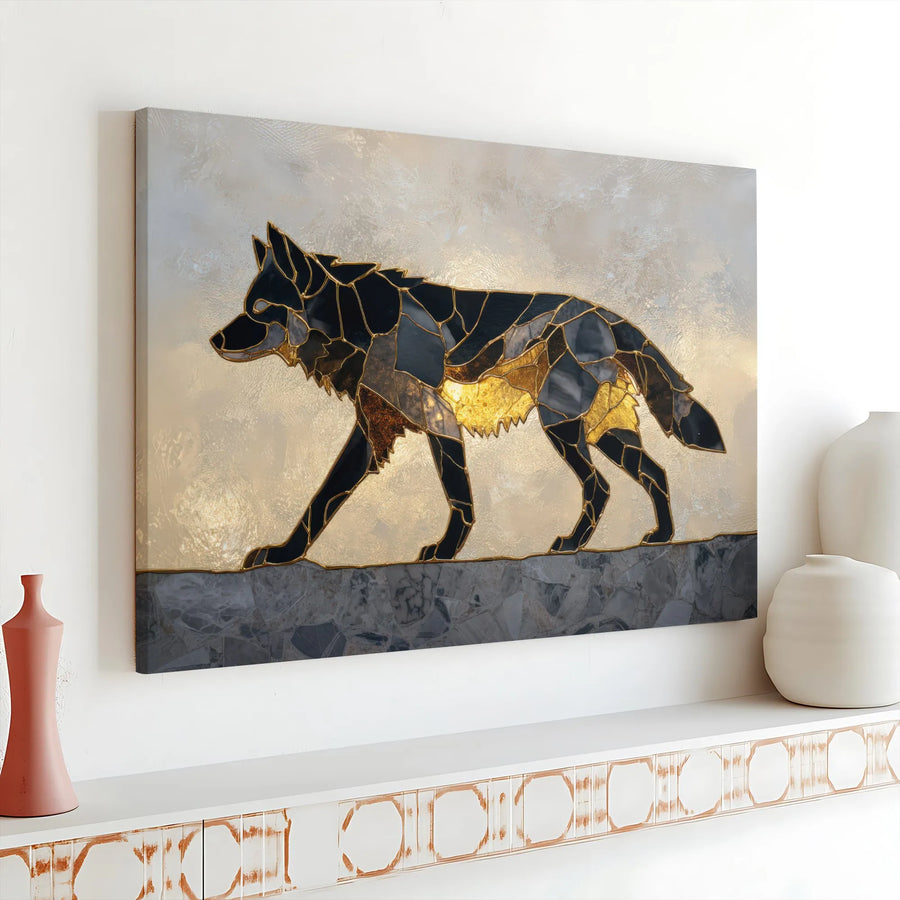 Wolf Mosaic Canvas Wall Art | Kintsugi Style Gold and Black Animal Art | Premium Gallery Wrapped Canvas | Modern Rustic Home Decor Gift
