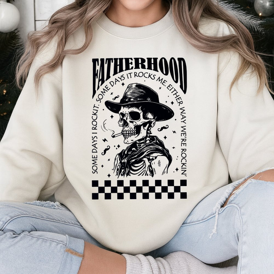 Fatherhood Sweatshirt | Cowboy Skeleton Rockin' Dad Graphic | Premium Cotton Blend | Funny Birthday Gift for New Dad or Father Life