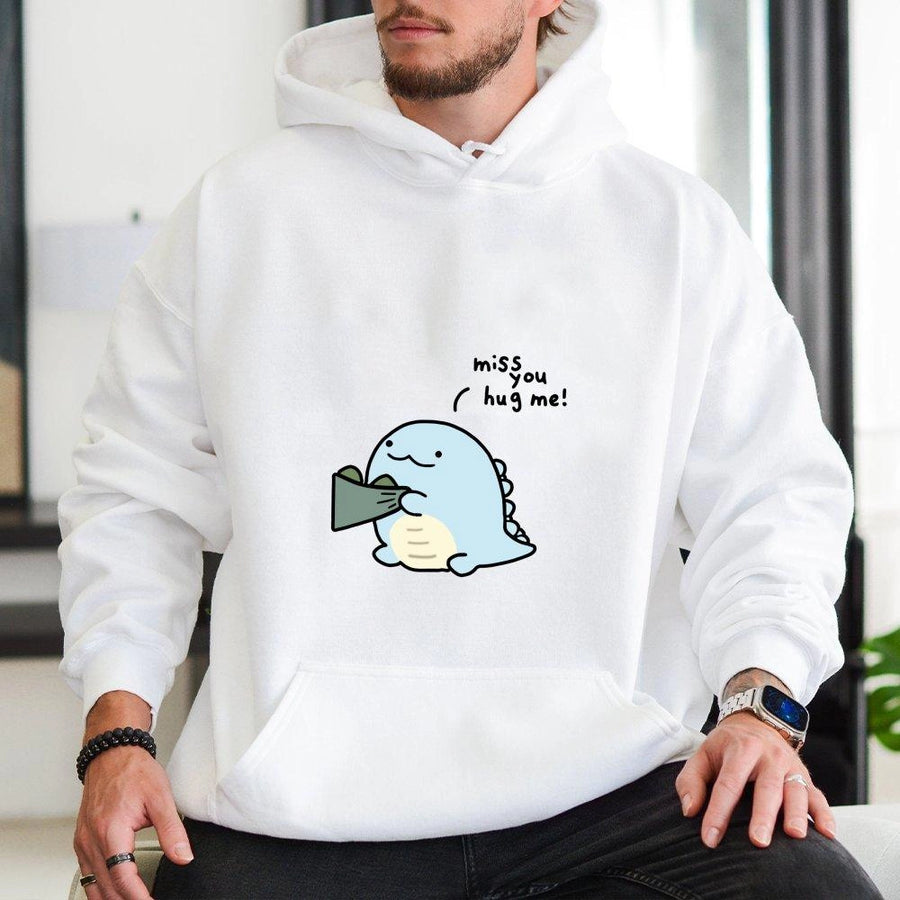 Cute Dinosaur Hoodie | Miss You Hug Me Kawaii Graphic | Premium Soft Cotton Blend | Romantic Matching Gift for Couples and Lovers