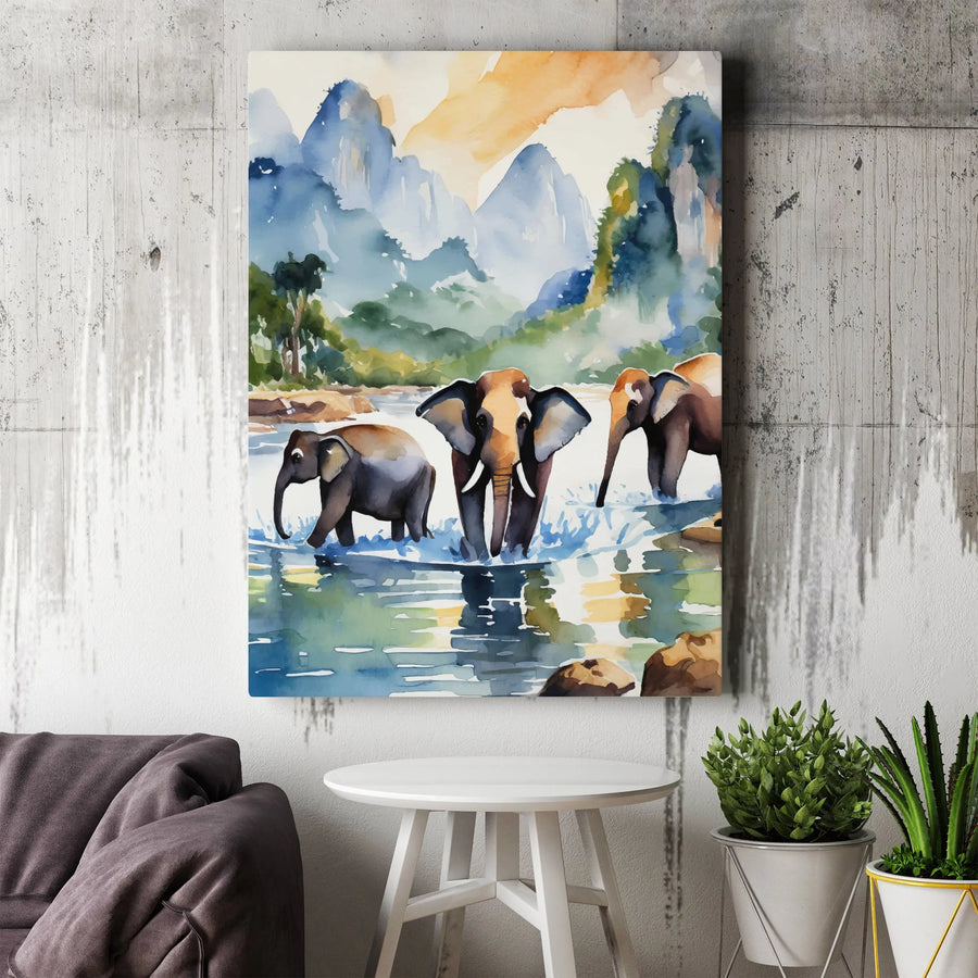 Watercolor Elephant Canvas Wall Art | Mountain River Landscape Painting | Gallery Wrapped Premium Print | Wildlife Home Decor Gift for Animal Lovers