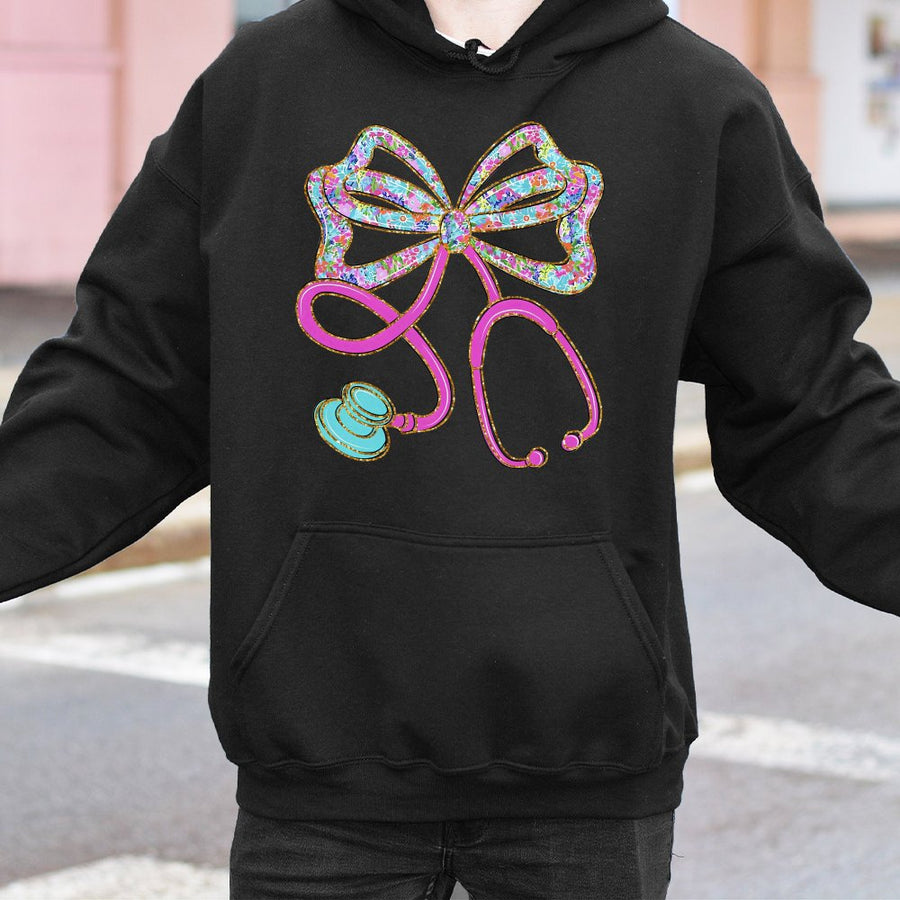Floral Stethoscope Bow Hoodie | Preppy Nurse Graphic Print | Premium Cotton-Blend Sweatshirt | Cute Gift for Nursing Students and RNs