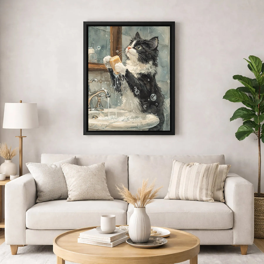 Cat Washing Paws Watercolor Canvas Print | Whimsical Bathroom Pet Wall Art | Premium Fade-Resistant Decor | Funny Cat Lover Gift Idea