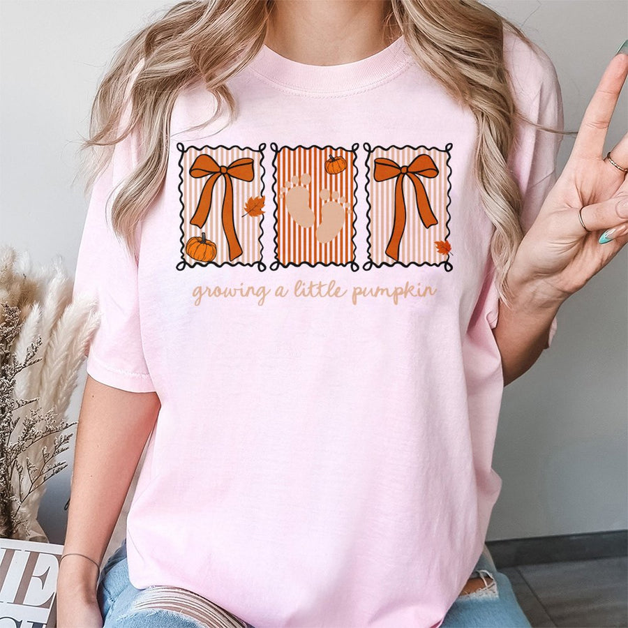 Growing A Little Pumpkin T-Shirt | Fall Pregnancy Announcement Maternity Tee | Soft 100% Cotton | Thanksgiving Baby Reveal Gift For Mom