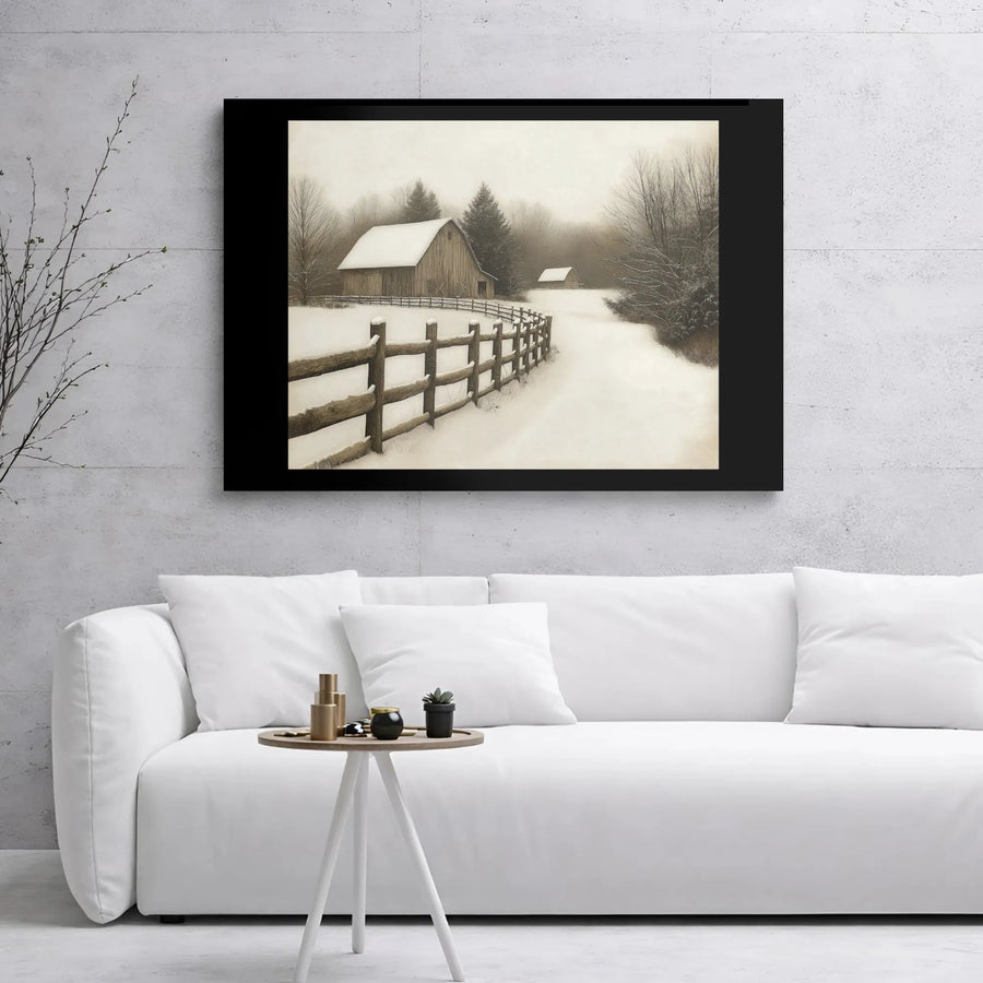 Winter Barn Canvas Art | Rustic Snow Landscape with Fence | Premium Gallery Wrapped Print | Holiday Seasonal Farmhouse Wall Decor