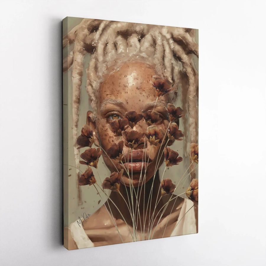 Black Woman Portrait Canvas Art | Blonde Dreadlocks Floral Illustration | 1.25" Gallery Wrap Premium Print | Modern Home Decor Gift