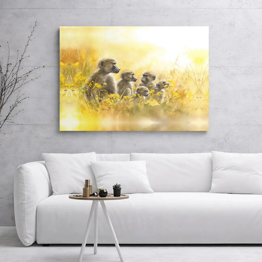 Baboon Family Canvas Wall Art | Sunny Wildlife Meadow Portrait | Premium Gallery Wrap Print | Nature Inspired Home Decor for Living Room
