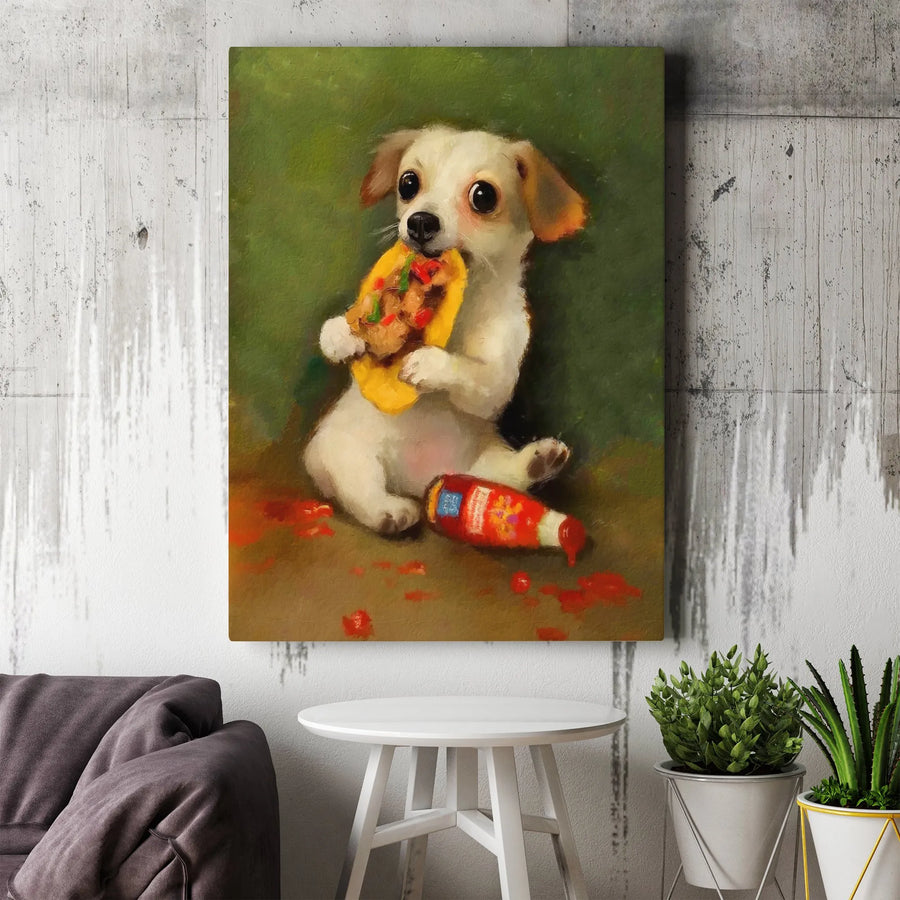 Cute Puppy Eating Taco Canvas Wall Art | Funny Dog Oil Painting Print | Premium Gallery Wrapped Decor | Unique Kitchen Gift For Dog Lovers