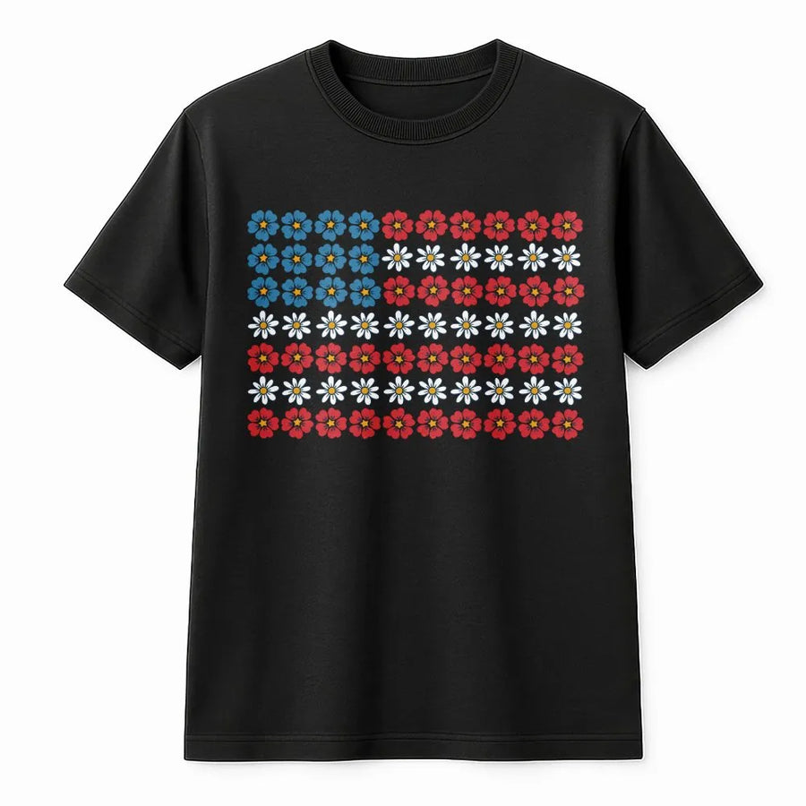 Floral American Flag T-Shirt | Dainty Flower USA Flag Graphic | Soft Cotton Tee | Patriotic 4th of July Gift for Women