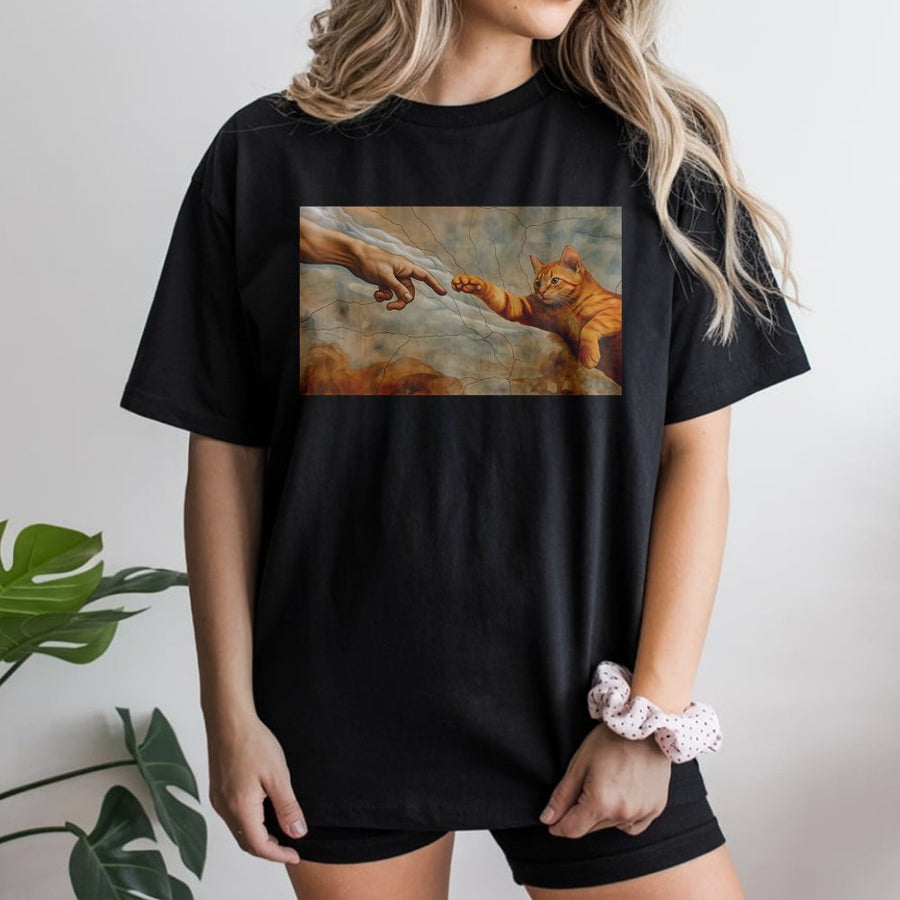 The Creation Of Adam Cat T-Shirt | Funny Renaissance Art Parody | Premium Soft Cotton Tee | Whimsical Gift For Cat Lovers And Art Students