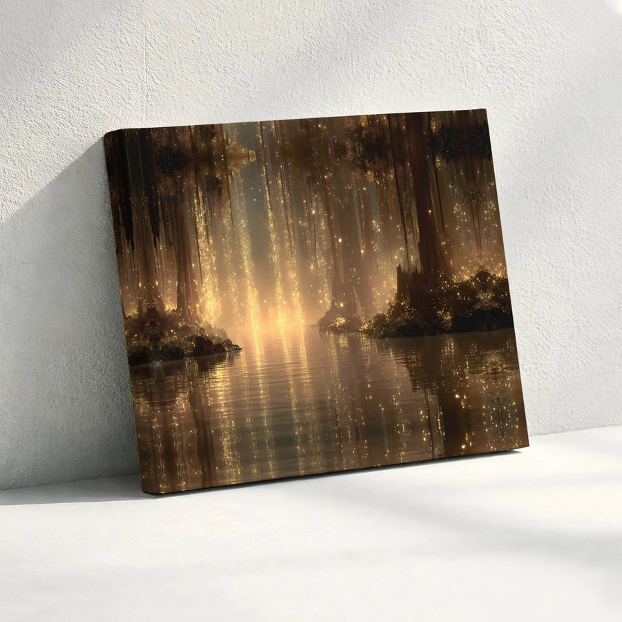 Enchanted Forest Canvas Wall Art | Magical Glowing Fireflies Reflection | Premium Gallery Wrapped Print | Nature Home Decor Gift