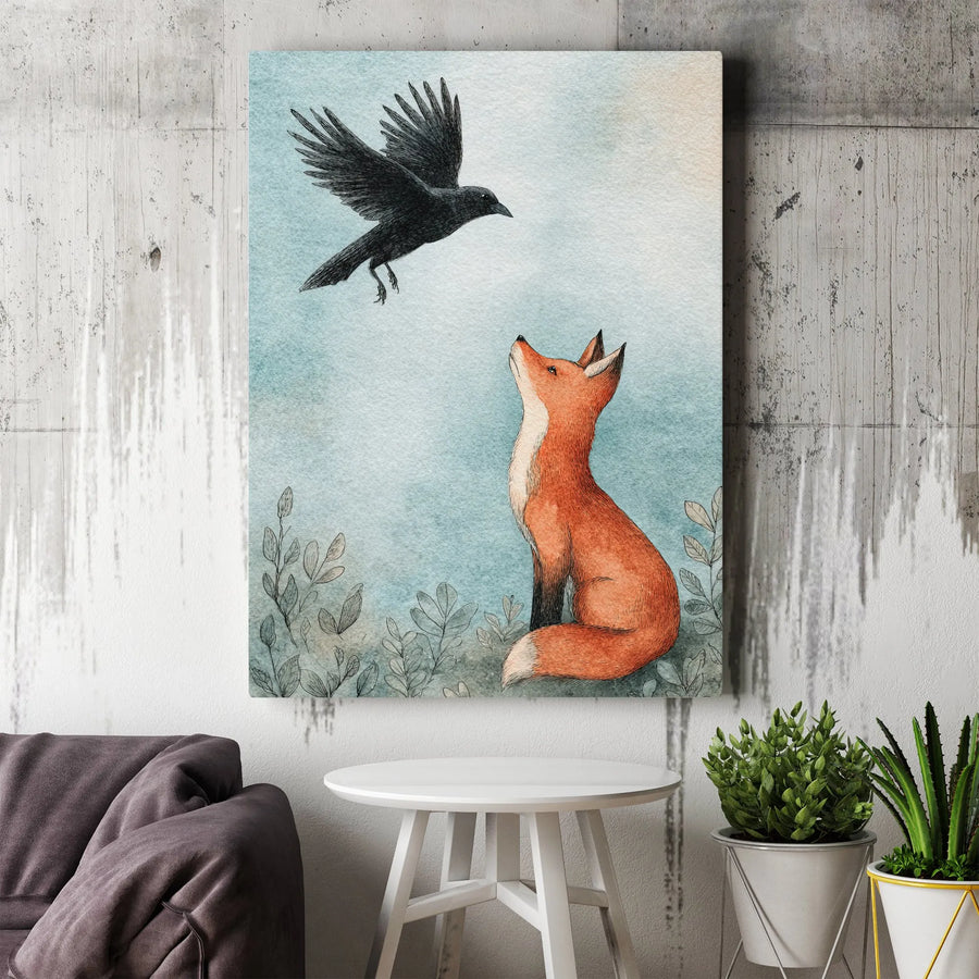 Fox and Crow Canvas Art | Whimsical Watercolor Forest Illustration | Gallery Wrapped 1.25" Profile | Woodland Nature Gift for Home Decor