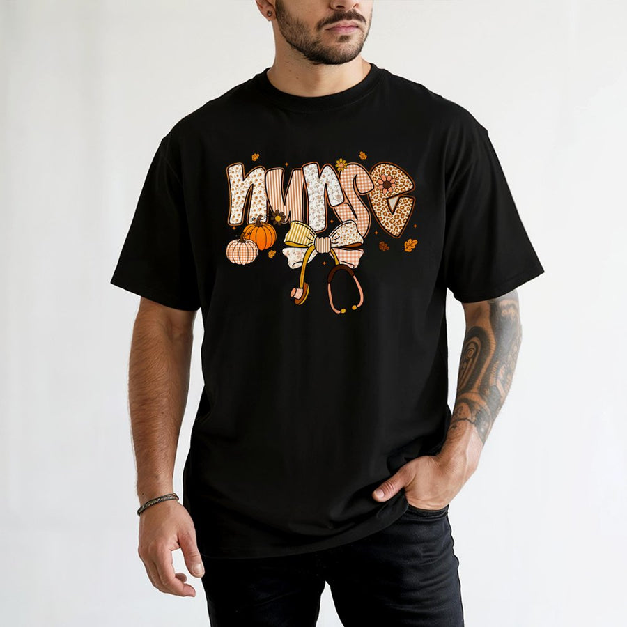 Nurse T-Shirt | Fall Pumpkin and Stethoscope Floral Design | 100% Cotton Premium Tee | Cute Autumn Gift for Nurses and Nursing Students