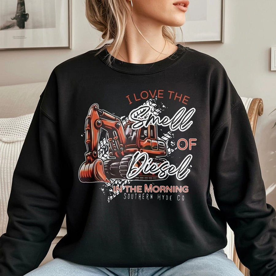 Smell Of Diesel In The Morning Sweatshirt | Construction Excavator Graphic | Premium Cotton-Poly Blend | Heavy Equipment Operator Gift For Men
