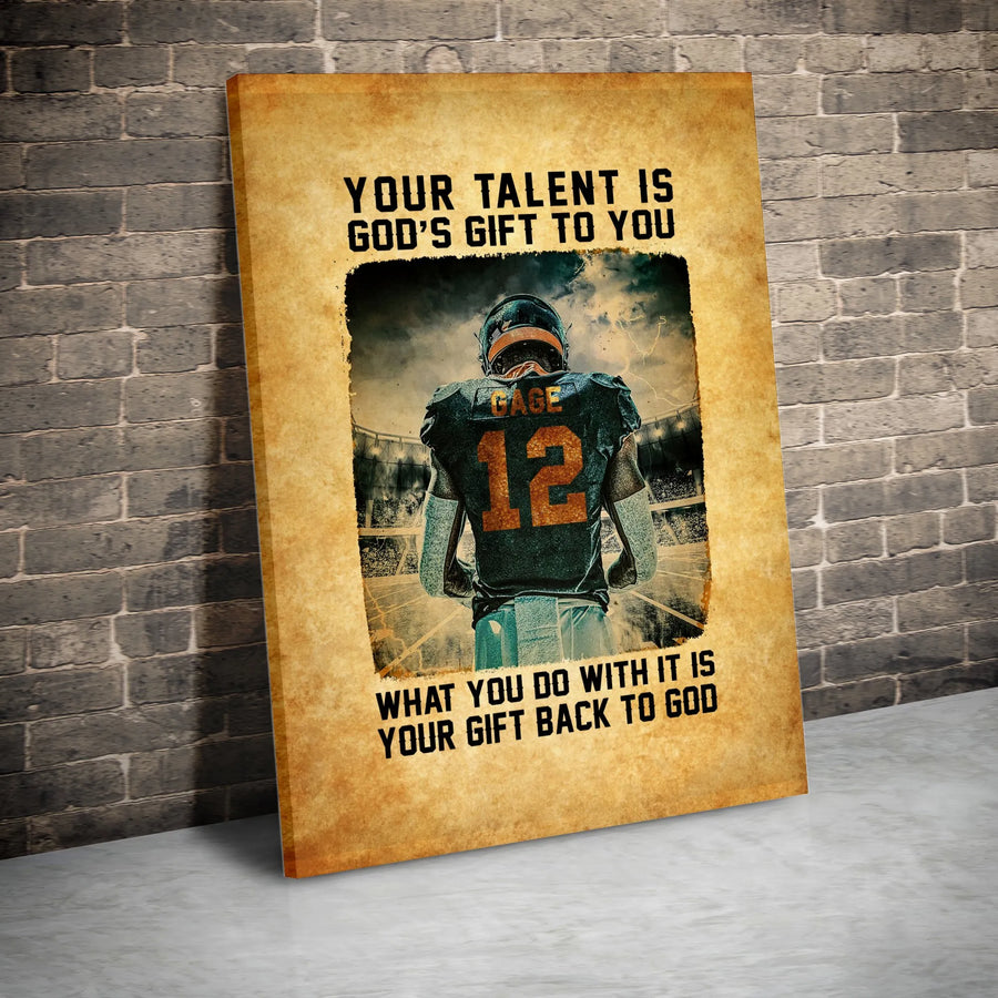 Football Player Wall Art | Inspirational God Quote Sports Decor | Gallery-Wrapped Canvas Print | Religious Athlete Gift for Boys Room