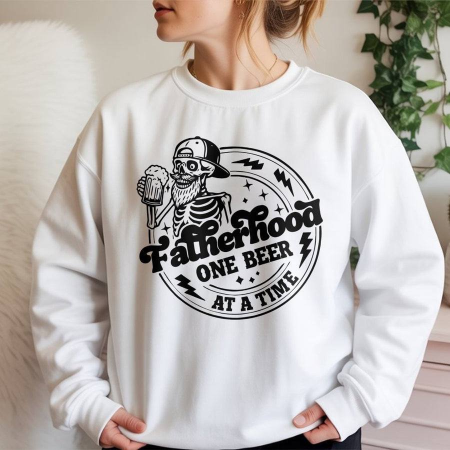 Fatherhood Sweatshirt | One Beer At A Time Skeleton Graphic | Premium Cotton Blend | Funny Dad Gift for Father's Day 2026 or Birthday