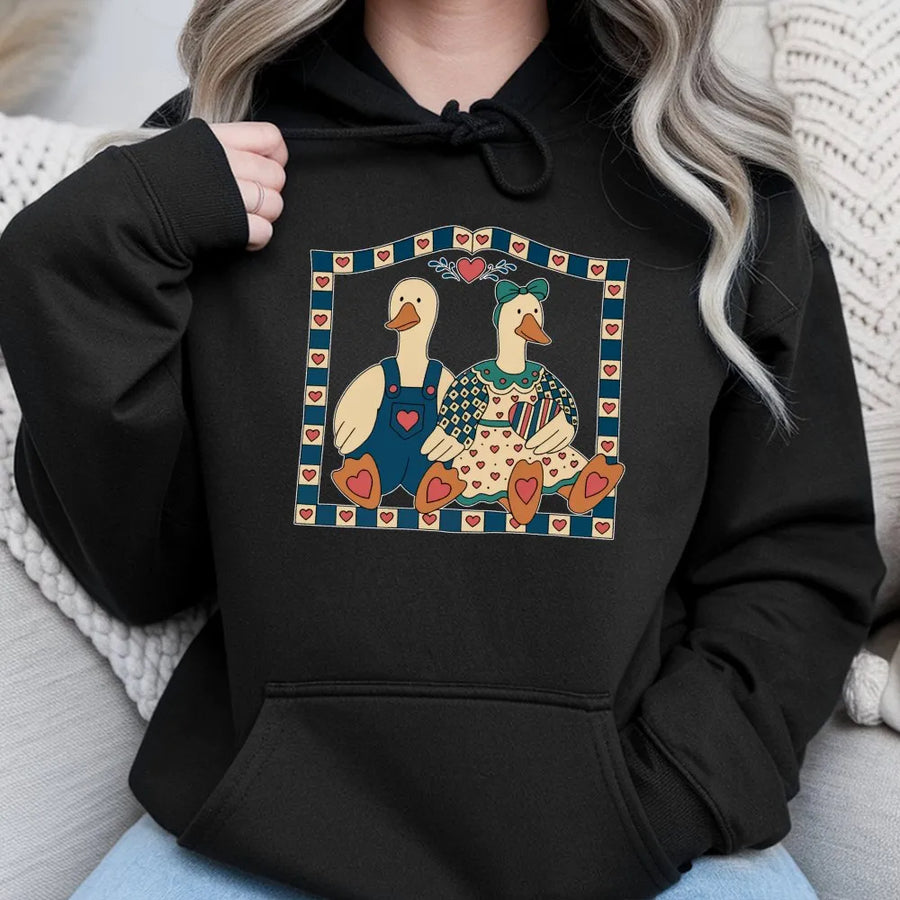 Vintage Goose Hoodie | Retro Farmhouse Couple Heart Graphic | Premium Cotton Blend | Cute Cottagecore Aesthetic Gift for Her
