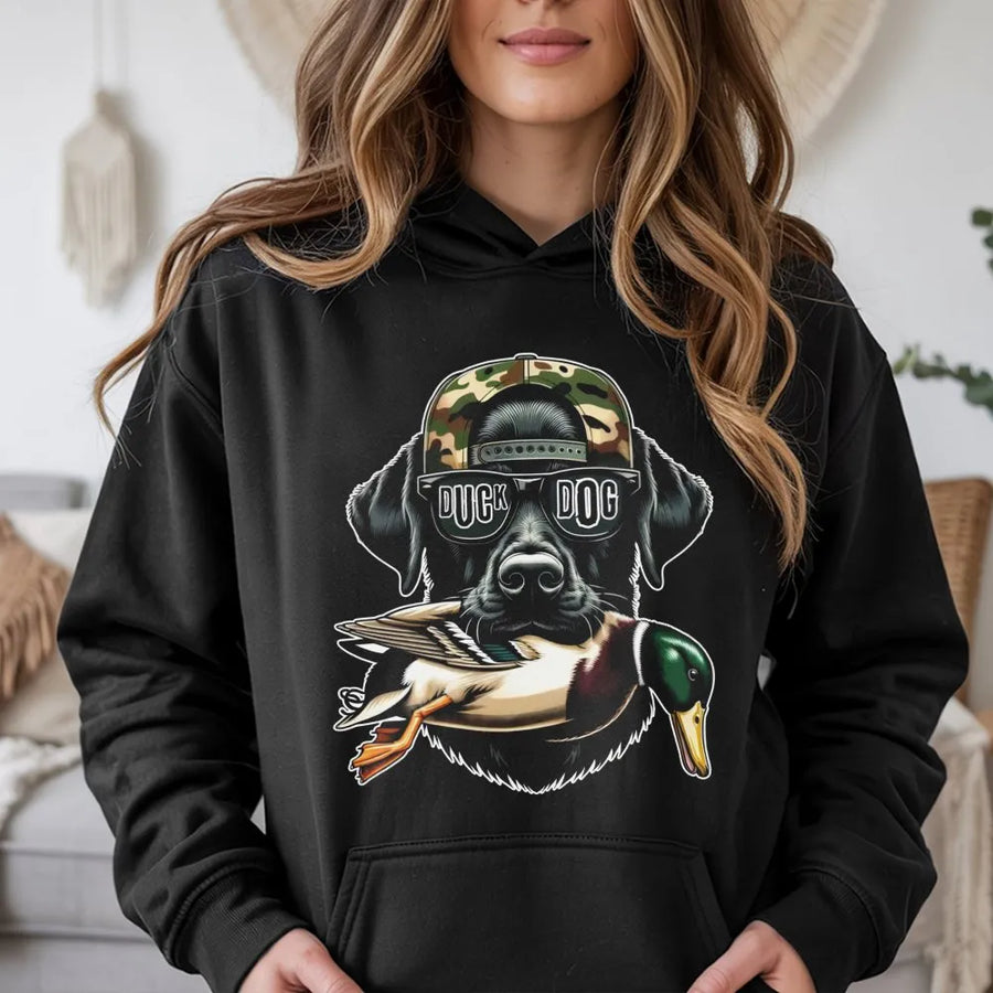 Labrador Duck Hunting Hoodie | Black Lab Mallard Dog with Camo Hat | Premium Cotton Blend | Gift for Hunter and Dog Lover