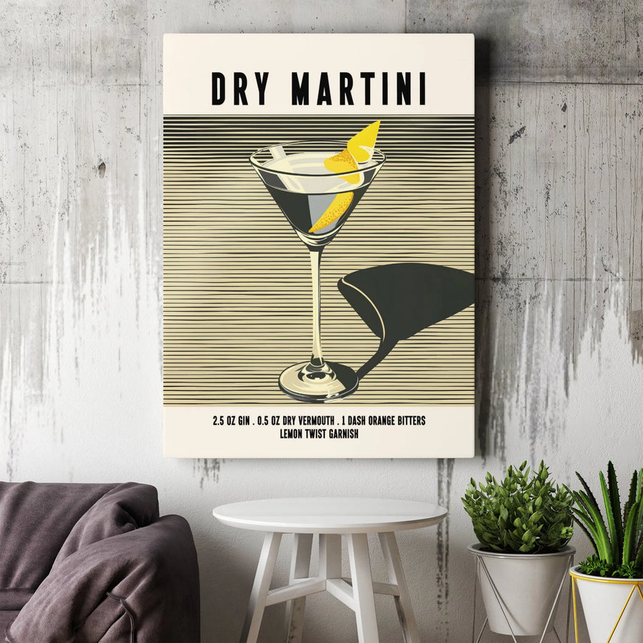 Dry Martini Cocktail Recipe Wall Art | Retro Minimalist Bar Poster | Premium Gallery Wrap Canvas | Kitchen Decor Gift for Home Bartender
