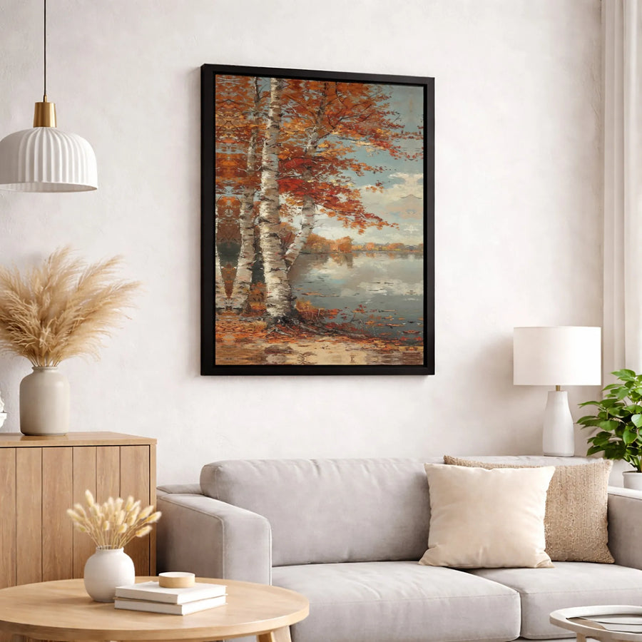 Autumn Birch Tree Canvas Art | Lake Landscape Painting | Premium Gallery Wrap Wall Decor | Fall Nature Home Decor for Living Room