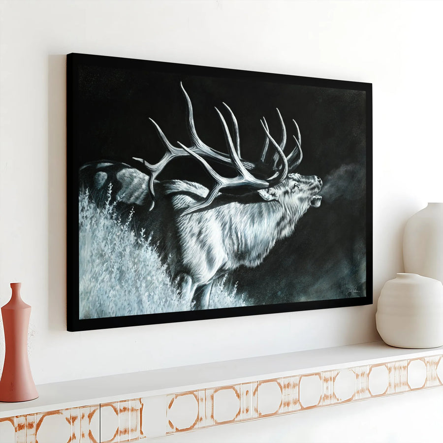 Bugling Elk Canvas Wall Art | Dramatic Black & White Wildlife Portrait | Premium Gallery Wrapped Canvas | Rustic Cabin Decor & Gift for Hunter