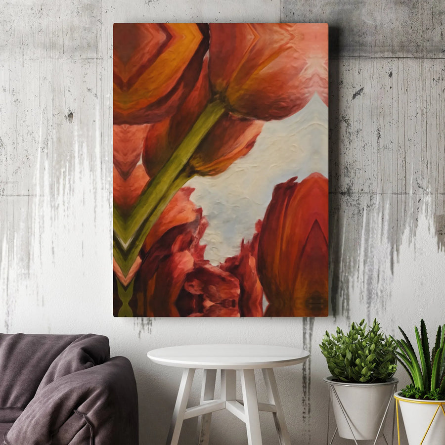 Abstract Tulip Canvas Wall Art | Red and Orange Floral Print | Premium Gallery Wrapped Decor | Modern Home and Office Botanical Gift