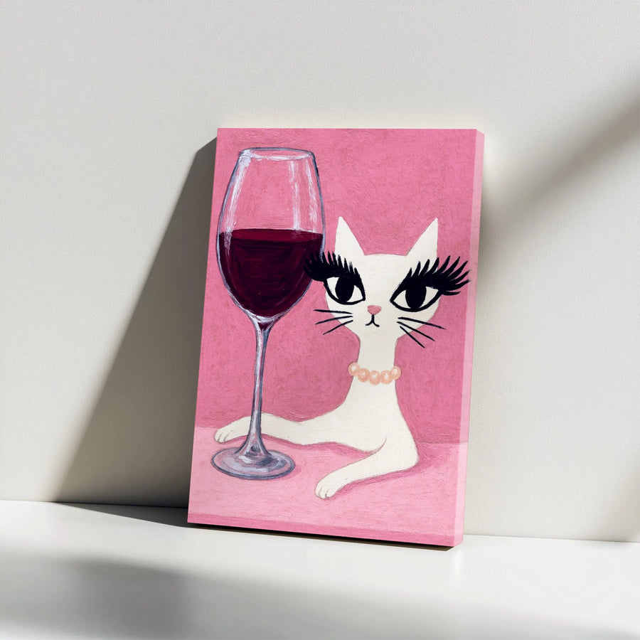 Glamorous White Cat Canvas Art | Wine Lover Painting with Eyelashes | 1.25 inch Gallery Wrap Print | Whimsical Home Decor Gift for Her