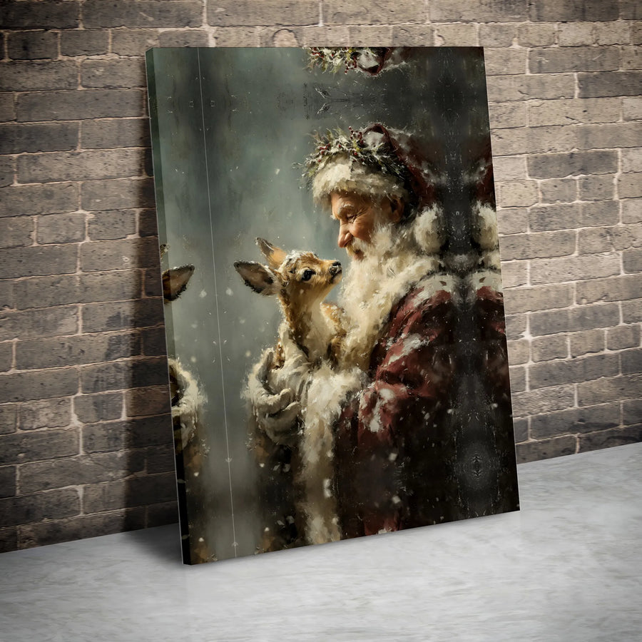 Santa Claus With Baby Deer Canvas | Vintage Christmas Painting Wall Art | Premium 1.25 Inch Gallery Wrap | Holiday Home Decor Gift