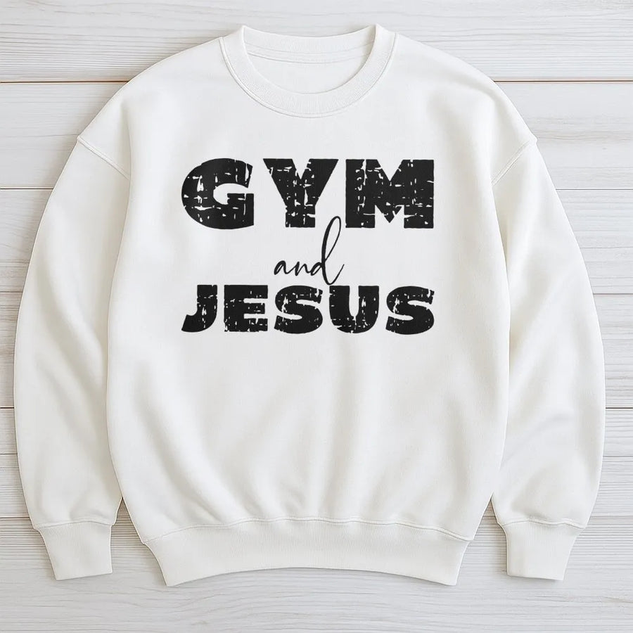 Gym and Jesus Sweatshirt | Distressed Faith Fitness Apparel | Premium Cotton Blend Crewneck | Inspirational Christian Workout Gift for Him and Her