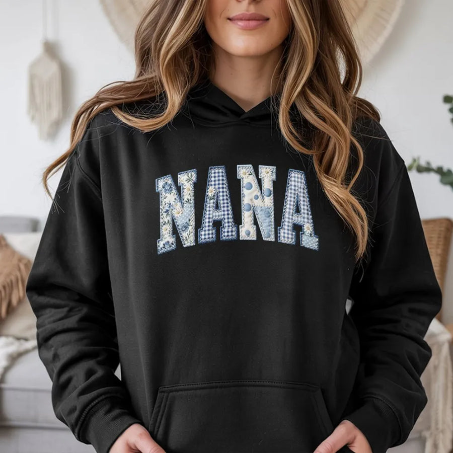 Nana Hoodie for Grandma | Blue Toile Patchwork Style Print | Cozy Cotton Blend Pullover | Shabby Chic Easter Gift for Mama Gigi