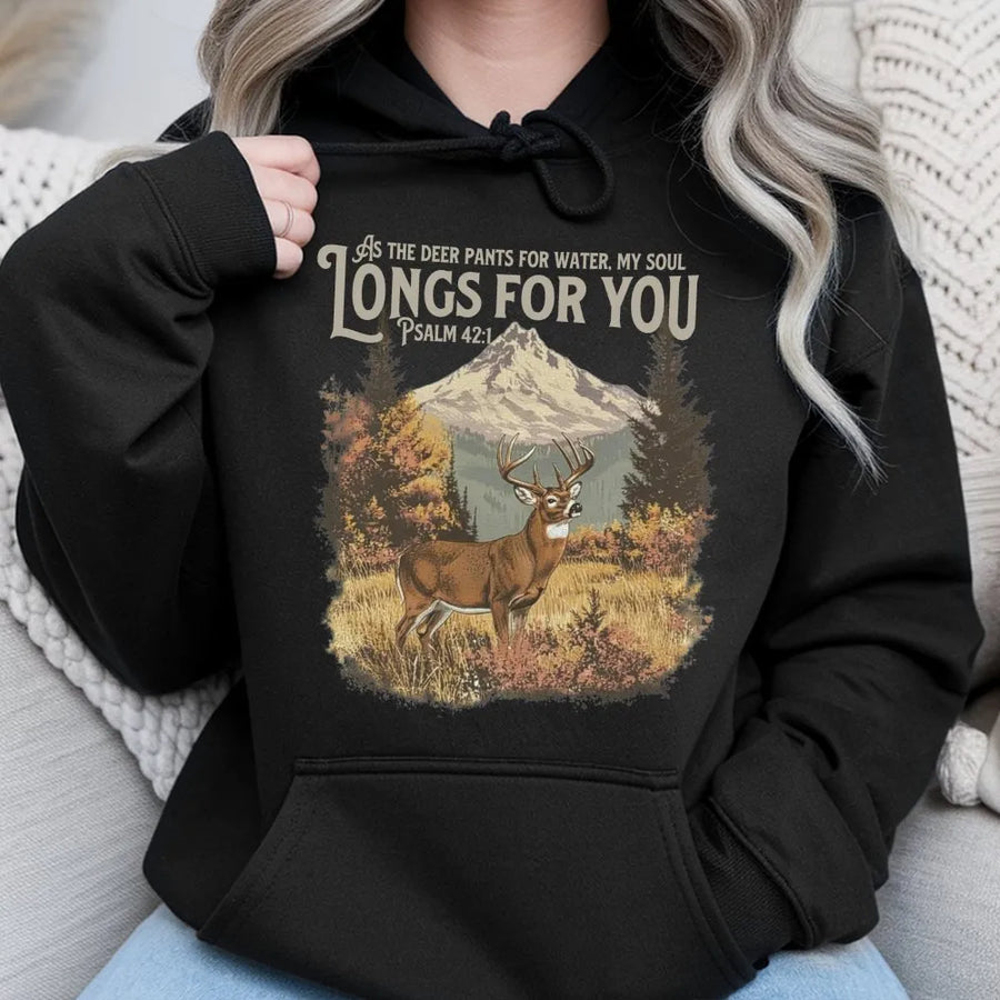 Psalm 42:1 Christian Hoodie | Deer Hunting Mountain Nature Graphic | Premium Cotton Blend | Faith-Based Religious Gift for Him & Her