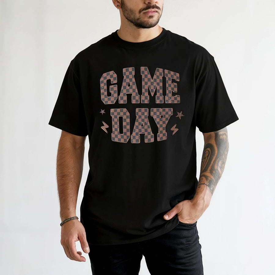 Game Day T-Shirt | Retro Checkered Sports Design | 100% Cotton Premium Comfort | Trendy Football Mom Gift for Fall Season