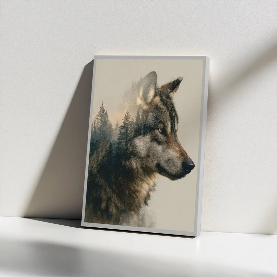 Wolf Canvas Wall Art | Double Exposure Pine Forest Silhouette | Premium Fade-Resistant Print | Rustic Cabin Decor Gift for Nature Lover