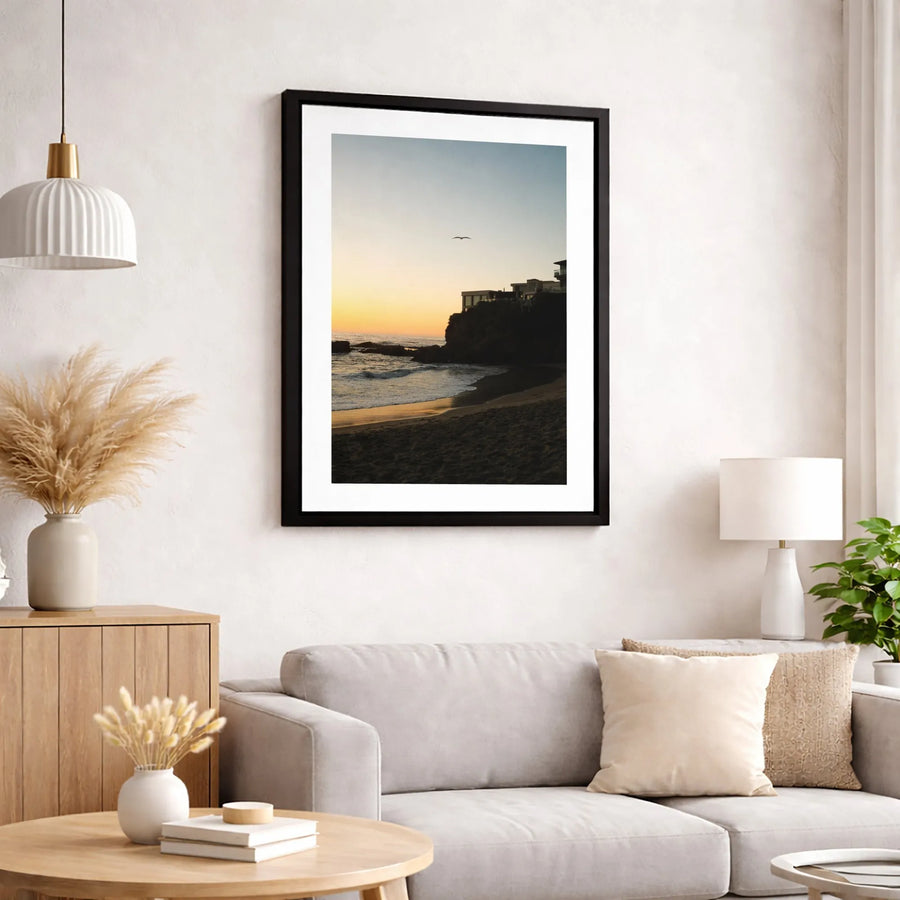 Coastal Beach Canvas Wall Art | Golden Sunset Landscape with Cliffside Homes | Premium 1.25-Inch Gallery Wrap | Serene Home Decor for Living Room