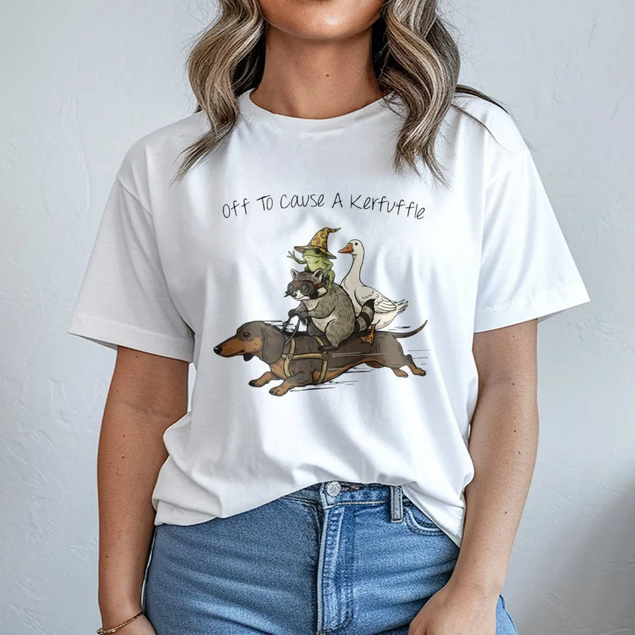 Off To Cause A Kerfuffle T-Shirt | Funny Dachshund Raccoon Frog Goose Crewneck | Premium Cotton Blend | Gift for Animal Lovers