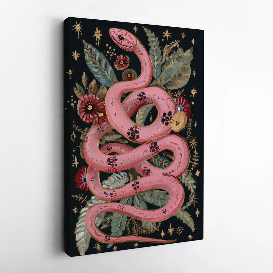 Pink Snake Wall Art | Mystical Botanical Serpent with Celestial Stars | Gallery Wrapped Canvas Decor | Gothic Witchy Aesthetic Gift for Home