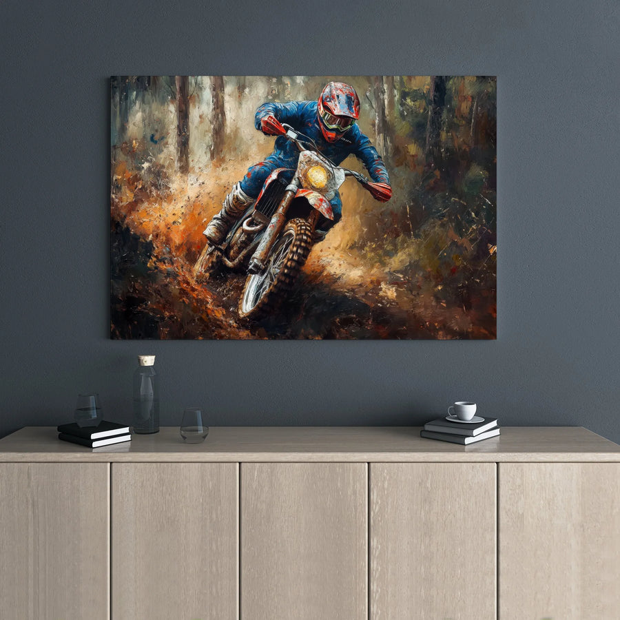 Motocross Wall Art Canvas | Dirt Bike Rider In The Forest | Premium Gallery Wrap | Gift For Motorcycle Riders And Extreme Sports Fans