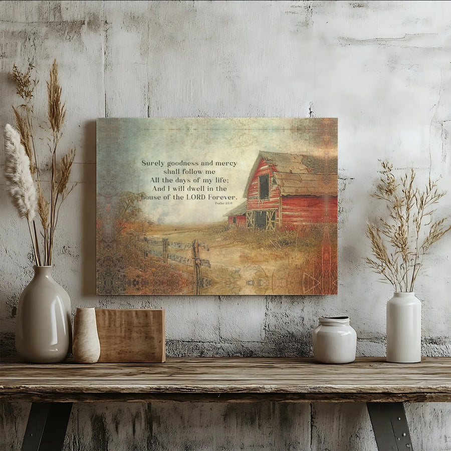 Psalm 23:6 Canvas Wall Art | Rustic Red Barn Farmhouse Decor | Premium Gallery Wrap Print | Inspirational Christian Gift for Home