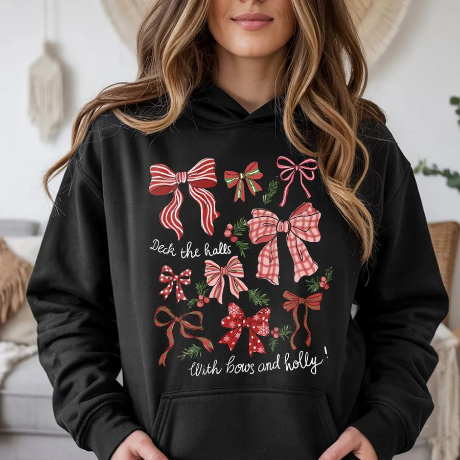 Retro Christmas Hoodie | Deck The Halls With Bows And Holly Print | Premium Cotton-Blend | Coquette Holiday Gift For Women And Men