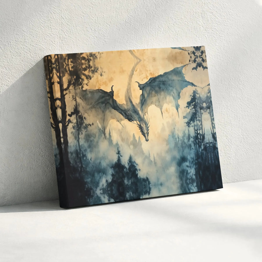 Dragon Wall Art Canvas | Misty Forest Fantasy Painting | Premium Gallery Wrapped Decor | Mythical Creature Gift for Fantasy Lovers