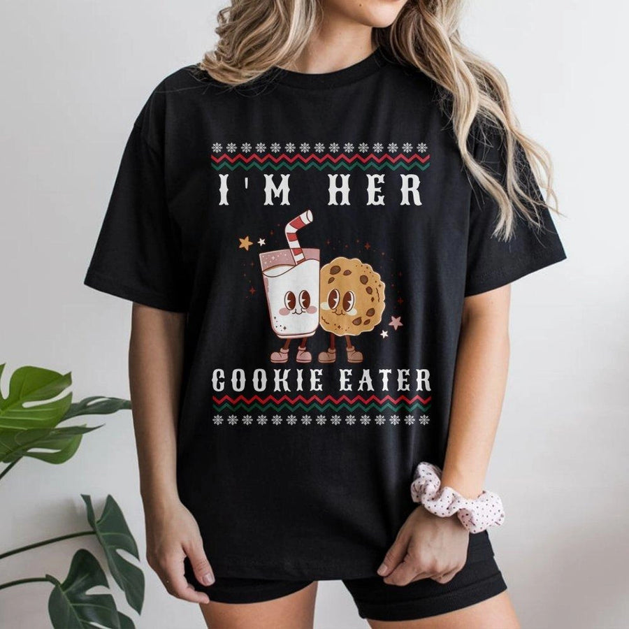 Matching Christmas Couple T-Shirt | I'm Her Cookie Eater Cartoon Design | Soft Cotton Unisex Tee | Funny Holiday Gift for Couples